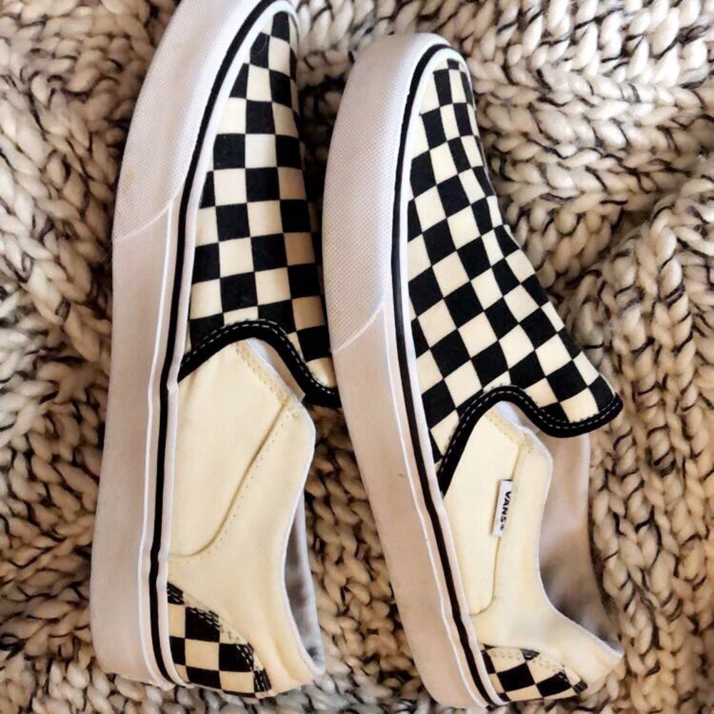 Black and white checkered slip on vans